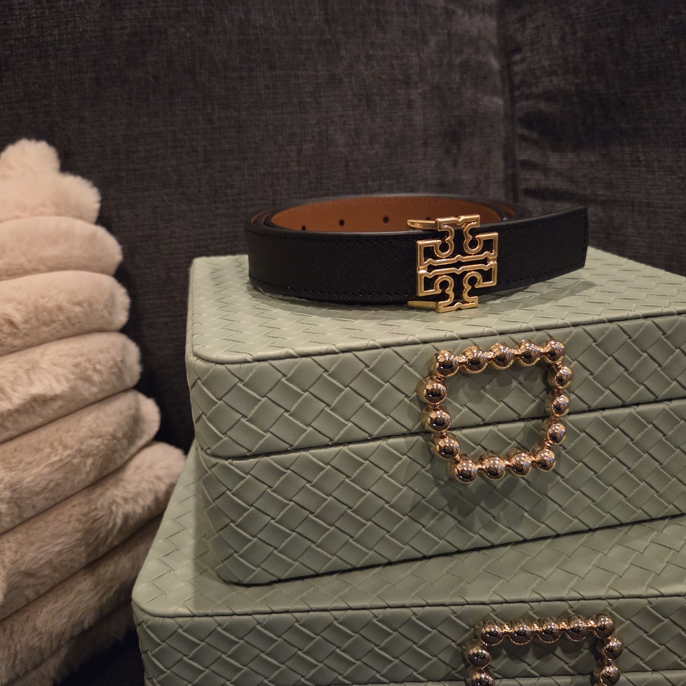 Tory Burch Elegant Black/ Brown Reversible Belt with Gold Emblem